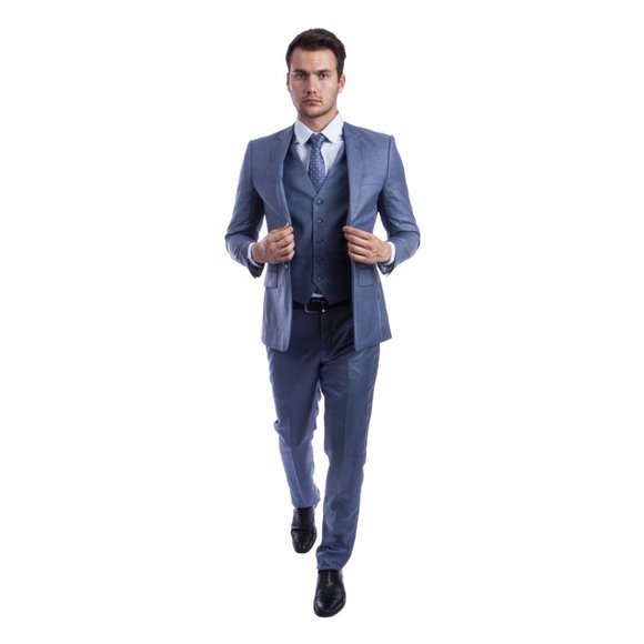 Blue Ice Grey Sharkskin 3pc Suit w/ Expandable Waistband - Picture 2 of 4